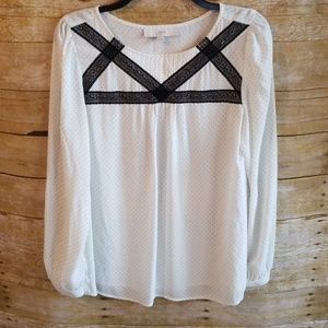Loft Long Sleeve Blouse White Black Polka Dots M